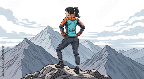Adventurous female hiker contemplates the mountain landscape from summit