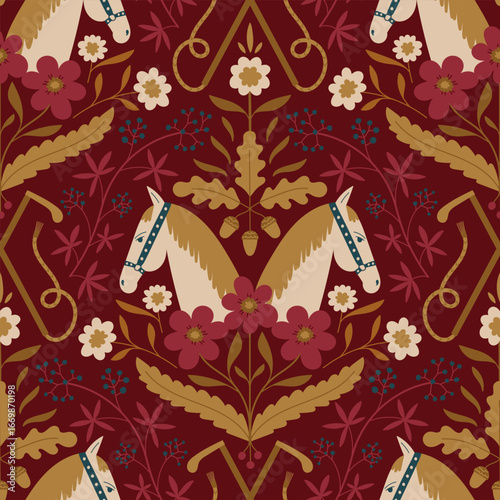 English hunt club seamless floral damask with horses wild grapes, oak leaves and equestrian motifs. Vintage baroque pattern in burgundy and gold. Perfect for textile, wallpaper, fashion and decor.