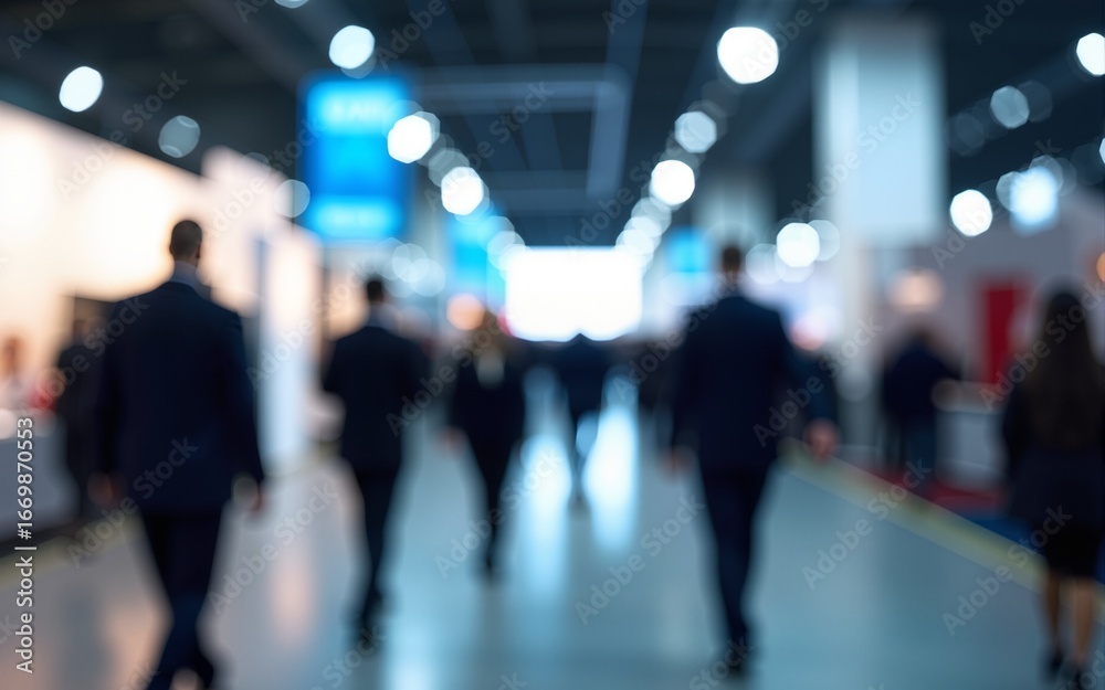 Fototapeta premium blurred business people walking at a trade fair, conference or walking in a modern hall, motion speed blur, wide panoramic banner. High quality