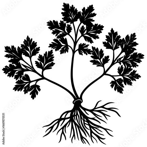 Black silhouette of a parsley plant with roots on a white background herb black and white