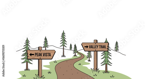 Cartoon mountain trails and signpost directing to peak vista or valley trail