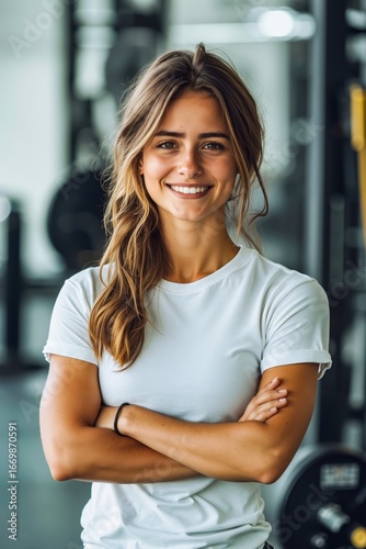 A woman standing in a gym with her arms crossed Free Download A woman standing in a gym with her arms crossed - GFXLoad