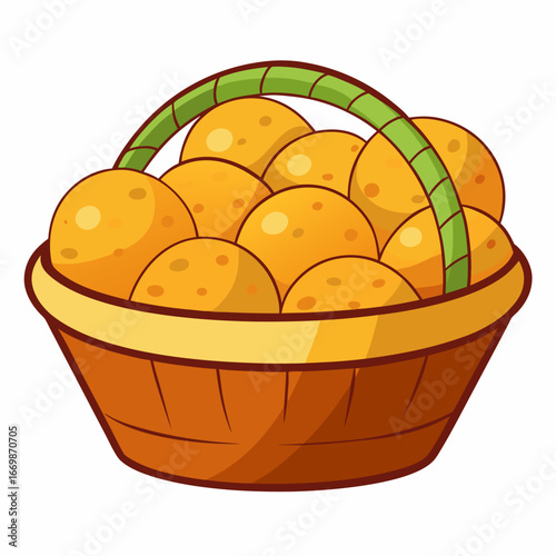 Cartoon basket filled with round orange potatoes on a white background harvest food