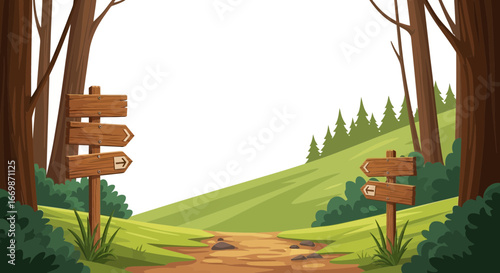 Enchanting cartoon woodland scenery with rustic arrow signs beckoning journey