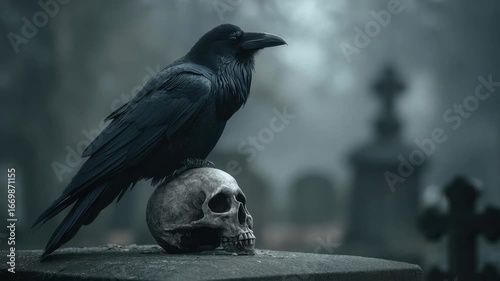 A black raven perches solemnly on a human skull in a foggy graveyard