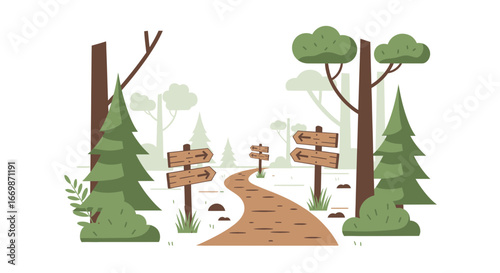 Enchanting woodland trail with directional signage through stylized forest