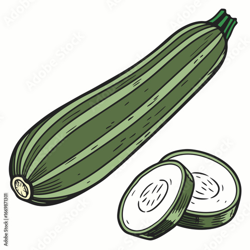 Green zucchini with striped pattern and two sliced pieces on white background courgette squash