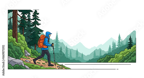 Hiker trekking through scenic mountain landscape illustration vector