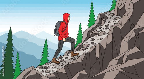 Illustrated hiker ascending a rocky mountain trail on a vibrant cartoon style day