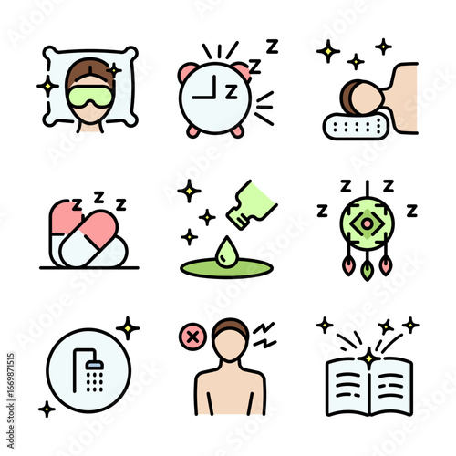 Sleep Hygiene And Wellness color icons set. Tips better sleep flat signs. Promoting relaxation and better sleep through mindful habits and routines. Isolated Vector Illustration.