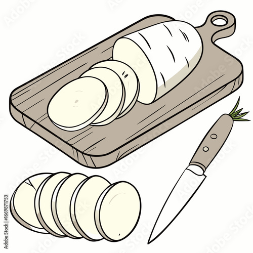 Sliced daikon radish on a cutting board with a knife food preparation