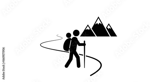 Minimalist icon illustrating hiking adventure towards mountain peaks