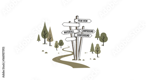 Minimalist Illustration of Campground Trailhead with Directional Signpost
