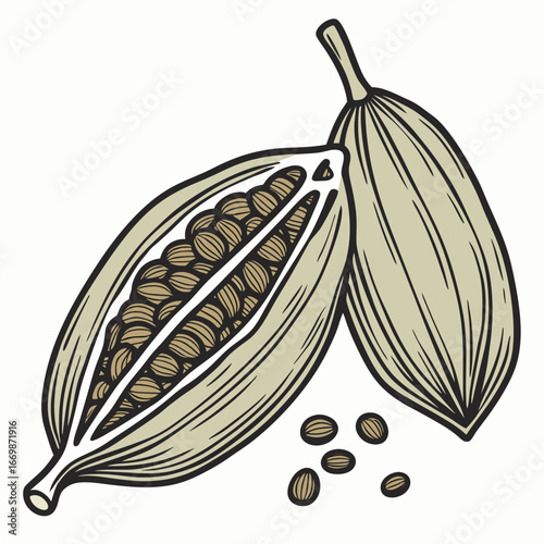 Two light brown coriander seed pods one open showing seeds and loose seeds scattered on white background