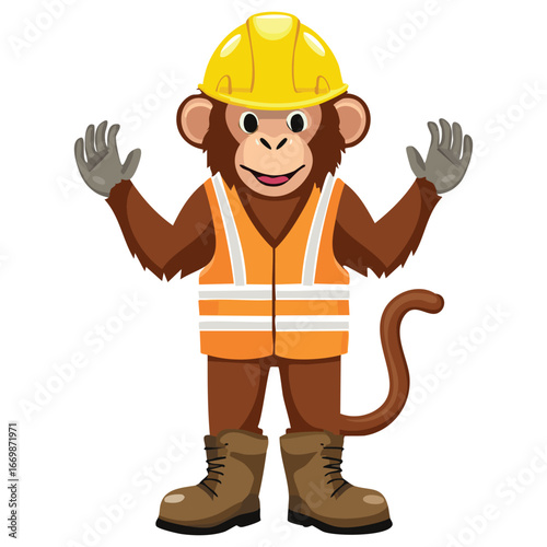 A powerful and dynamic character design of a monkey construction worker, ready to get to work in a high-visibility vest, safety helmet, and steel-toe boots.