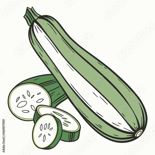 Whole and sliced green zucchini vegetable illustration on white background squash food