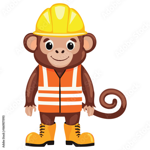 A playful digital artwork showcasing a monkey as a construction worker in a high-visibility vest and a hard hat, symbolizing hard work and safety.