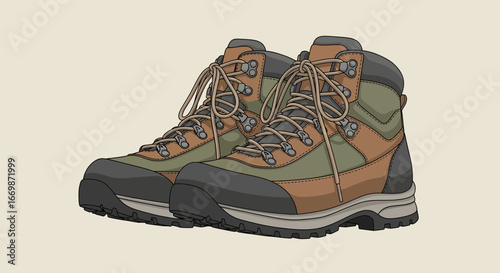 Pair of illustrated hiking boots with rugged design and tied laces ready