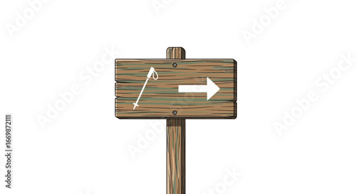 Rustic directional signage pointing toward a snowshoeing adventure destination