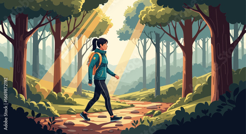 Serene forest trail exploration with a lone hiker embraced by nature