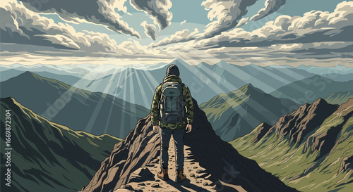 Solitary hiker standing on a mountain ridge observing vast mountain ranges