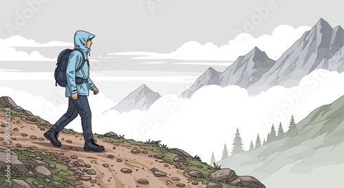 Solitary trekker traverses a stony trail amidst ethereal mountain heights