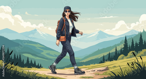 Stylish female adventurer hiking on a scenic mountain trail route