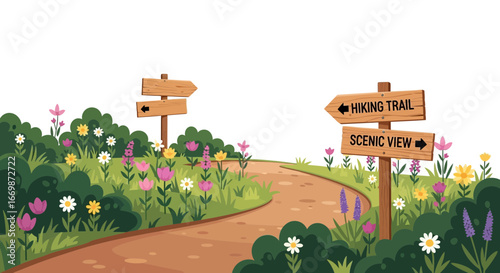 Whimsical Hiking Trail Illustration with Directional Wooden Signpost and Floral Scenery