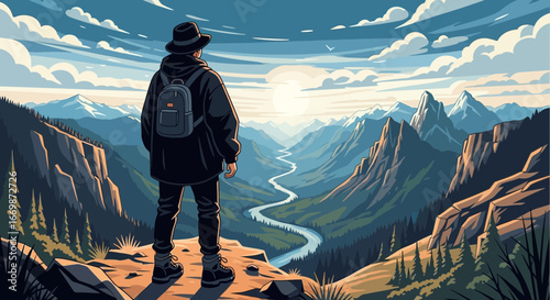 Wanderer Observes Majestic Mountain Vista, A serene nature adventure scene