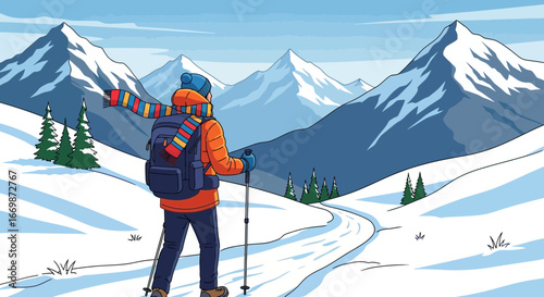 A Hiker enjoying the snowy mountain landscape on a sunny day