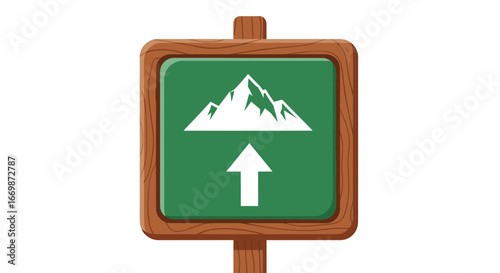 A rustic wooden sign with mountain and arrow, for hiking or camping
