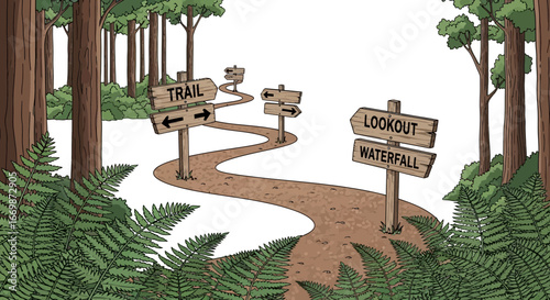 A winding forest trail leading to a lookout and waterfall destination