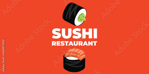 Vector illustrated advertising web and desktop banner with Japanese cuisine, traditional Asian food including sushi and rolls, perfect for Asian restaurant branding, menu design, and promotional