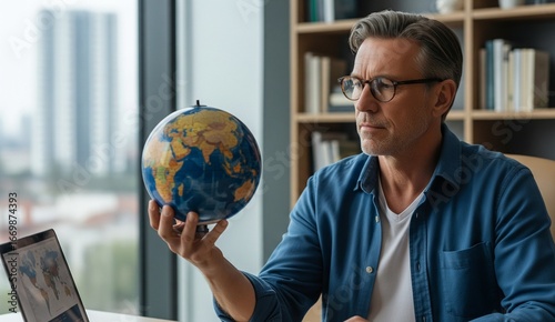 Mature man holding a globe ball in hand and deep thinking