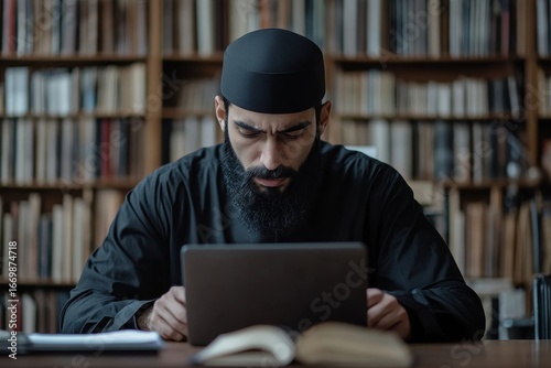 young Muslim man working concentratedly in the office at the table with a laptop, making notes of data and documents, symbolizing diligent work and attention to detail, Generative AI