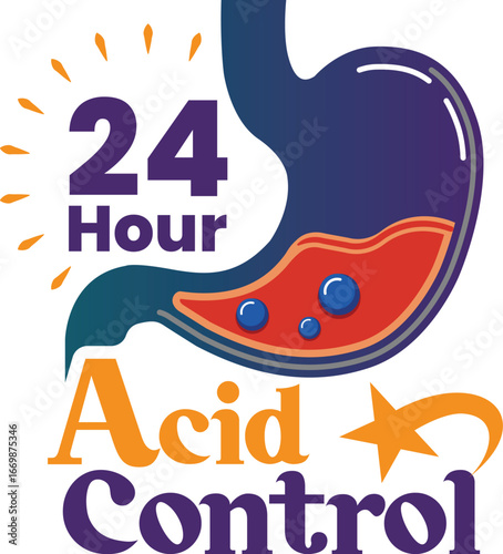 24 Hour Acid Control Stomach Health Concept with Fire and Digestion Illustration