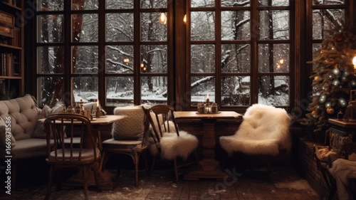 Cozy cafe vintage interior with tables and Christmas tree, snowing outside
