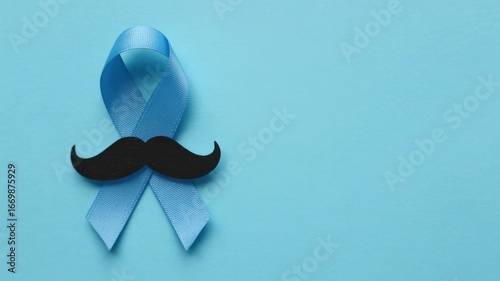 Prostate cancer awareness ribbon with mustache on blue background, supporting the fight against prostate cancer during the month of november
