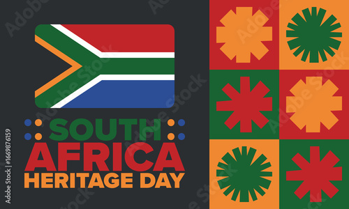 South Africa Heritage Day. Happy holiday. Celebrate culture and traditions of nation. South African flag. Poster with illustration. Pattern design. Vector