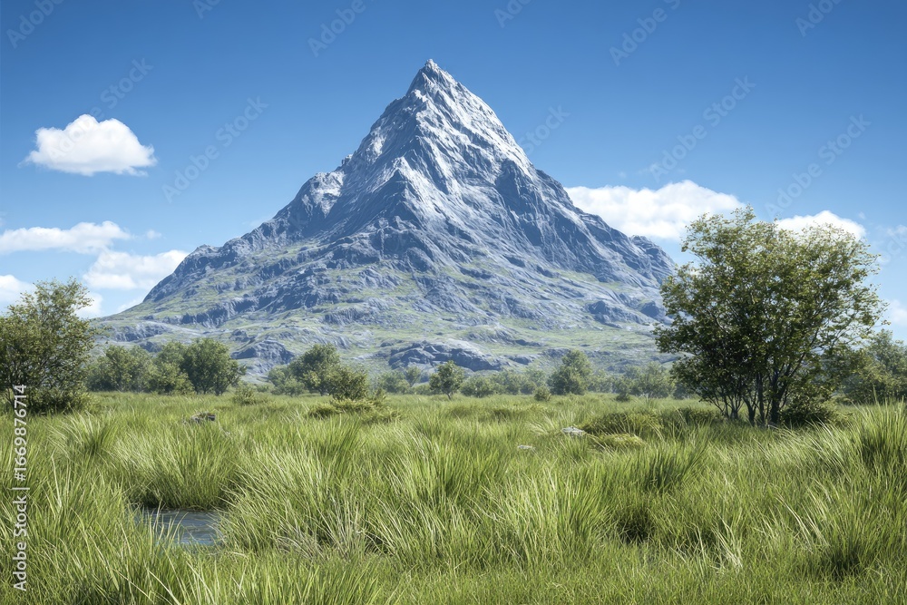 Fototapeta premium Majestic mountain peak, lush grassy plain, and a vibrant sky