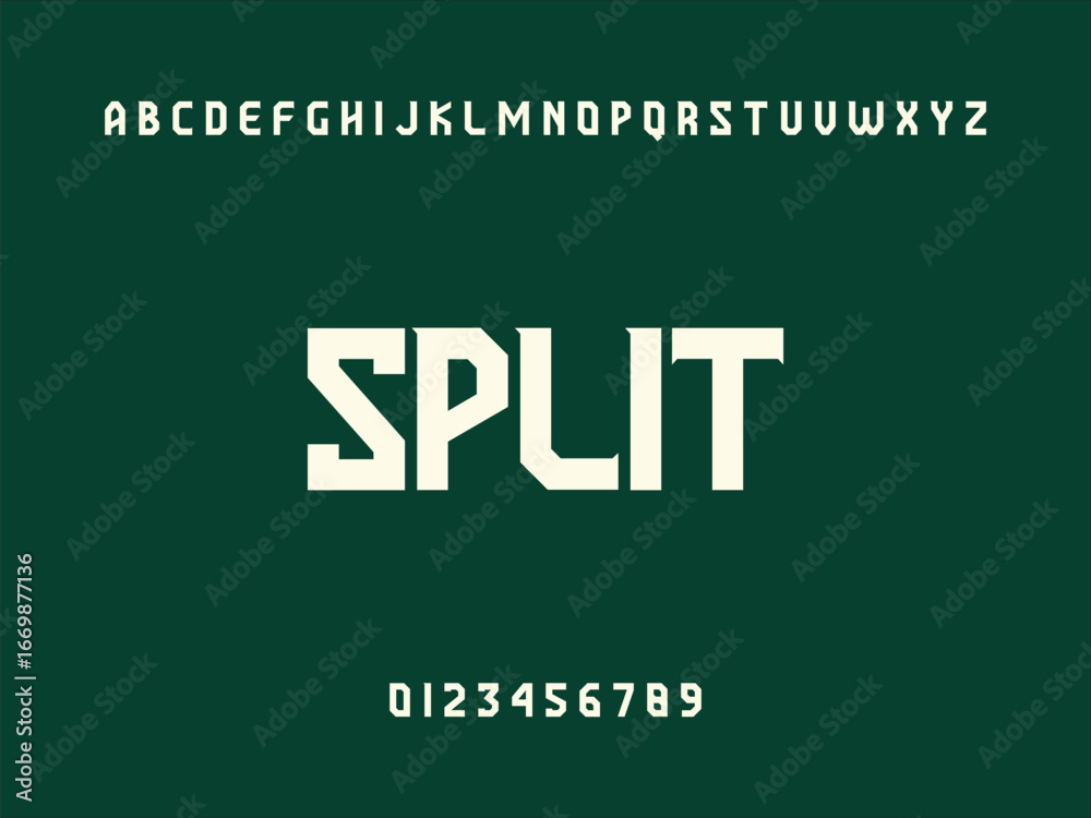 Fototapeta premium Split City Name Display in Modern White Geometric Sans Serif Font with Alphabet and Numbers on Dark Green Background