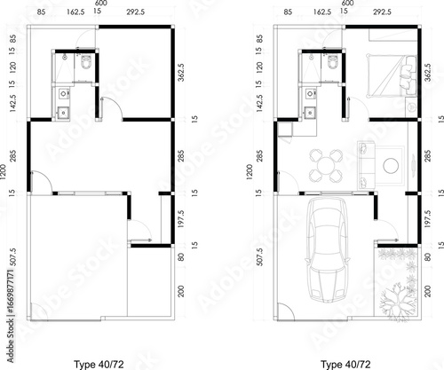 Wallpaper Mural Two Architectural Small Floor Plans of Blank and Furniture Layout  a House with Garden and Carport. 11 Torontodigital.ca