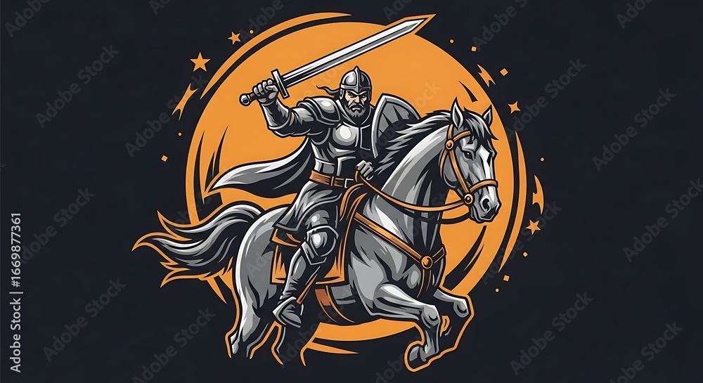 Naklejka premium Medieval Knight in Full Armor Riding a Warhorse with a Sword.