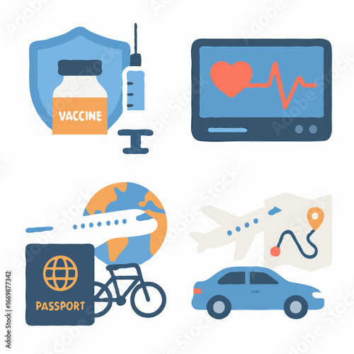 A set of icons illustrating health, medical care, vaccination, and various travel methods.