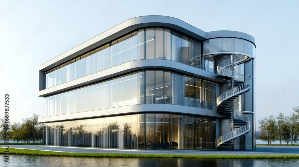 Obraz premium Modern office building with glass facade and spiral staircase near tranquil water at sunset
