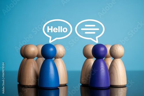 Conceptual image of two distinct groups of wooden figures engaging in dialogue. A blue leader and a purple leader initiate a conversation, symbolizing negotiation and connection
