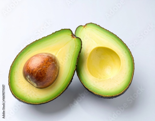 Fresh avocado cut in half showing seed on white background healthy fat food 