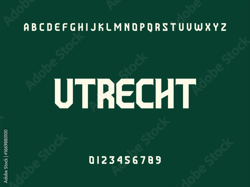 Modern Typography with Utrecht Font, Uppercase Characters and Numbers, Dark Green Background