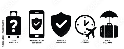 Black travel insurance icon set featuring suitcase, smartphone, shield, flight clock, and umbrella—ideal for coverage and protection visuals