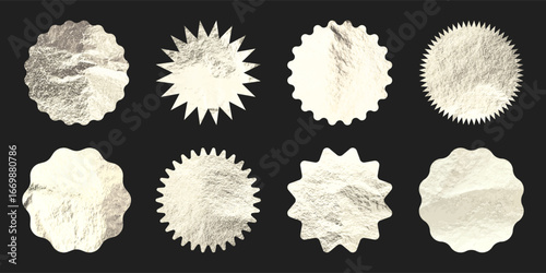 Silver stars, sunburst symbols. Shiny gold foil. Vintage sunbeam symbols. Shopping labels, sale or discount sticker, quality mark. Special offer price tag, promotional badge. Vector illustration